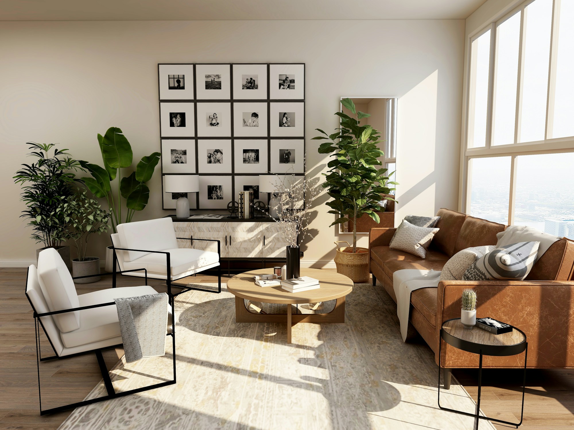 A bright, finished modern interior with expansive windows